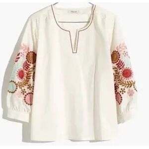 Madewell Embroidered 3/4 Sleeves Peasant Top Cottagecore Farmhouse Romantic XXS